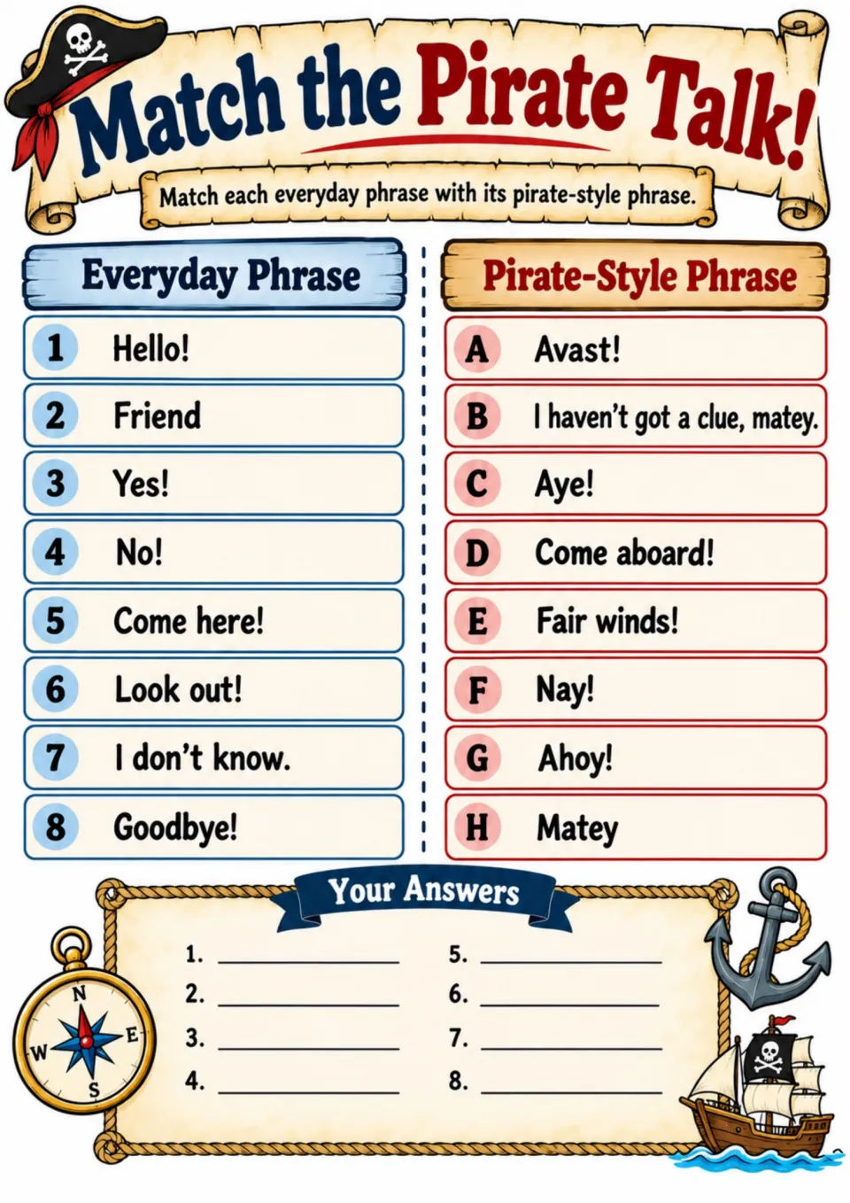Pirate phrase matching activity pairing eight everyday expressions with options such as Ahoy!, Aye!, and Matey