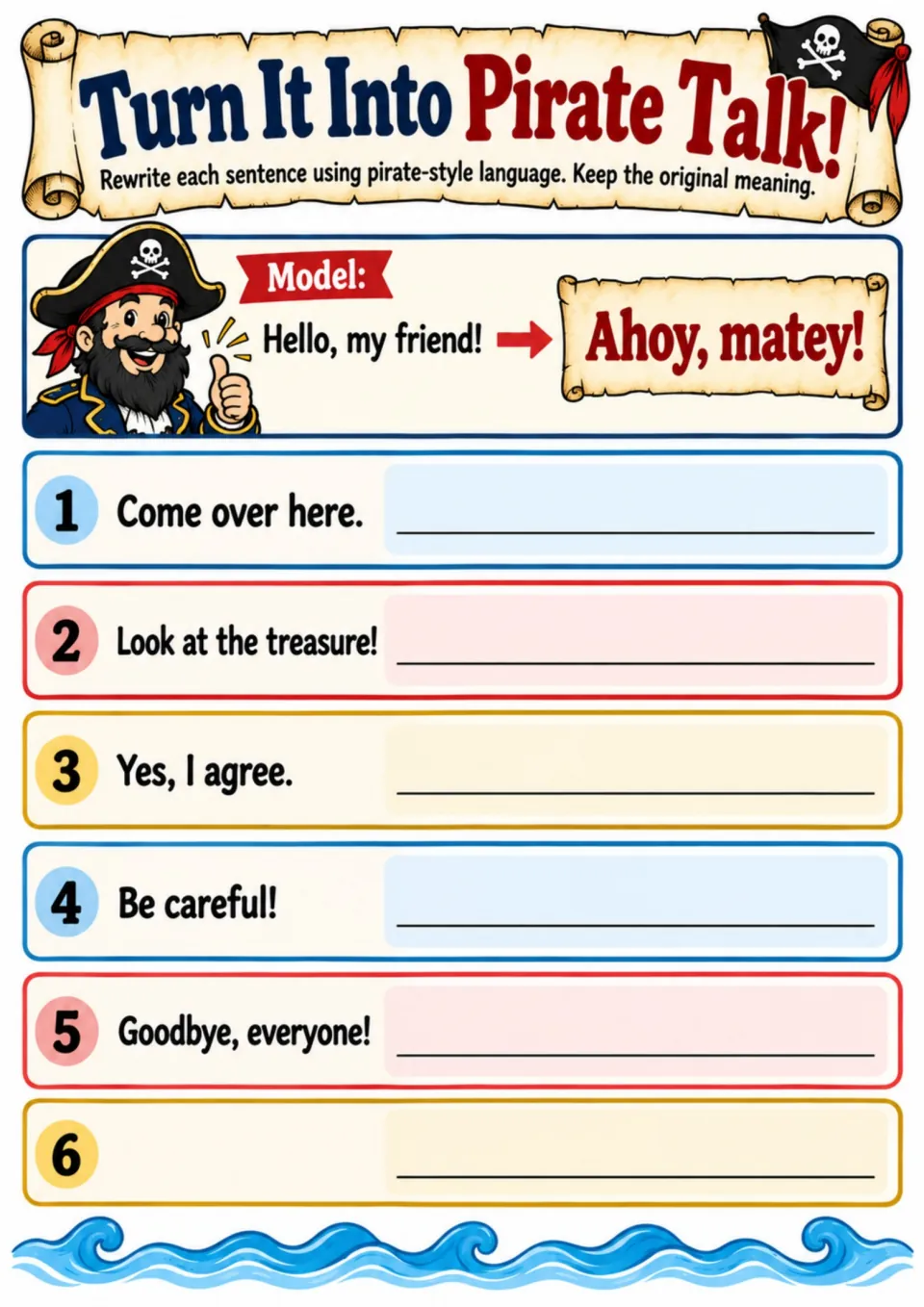 Pirate sentence rewriting activity with five prompts and the model Hello, my friend! becoming Ahoy, matey!