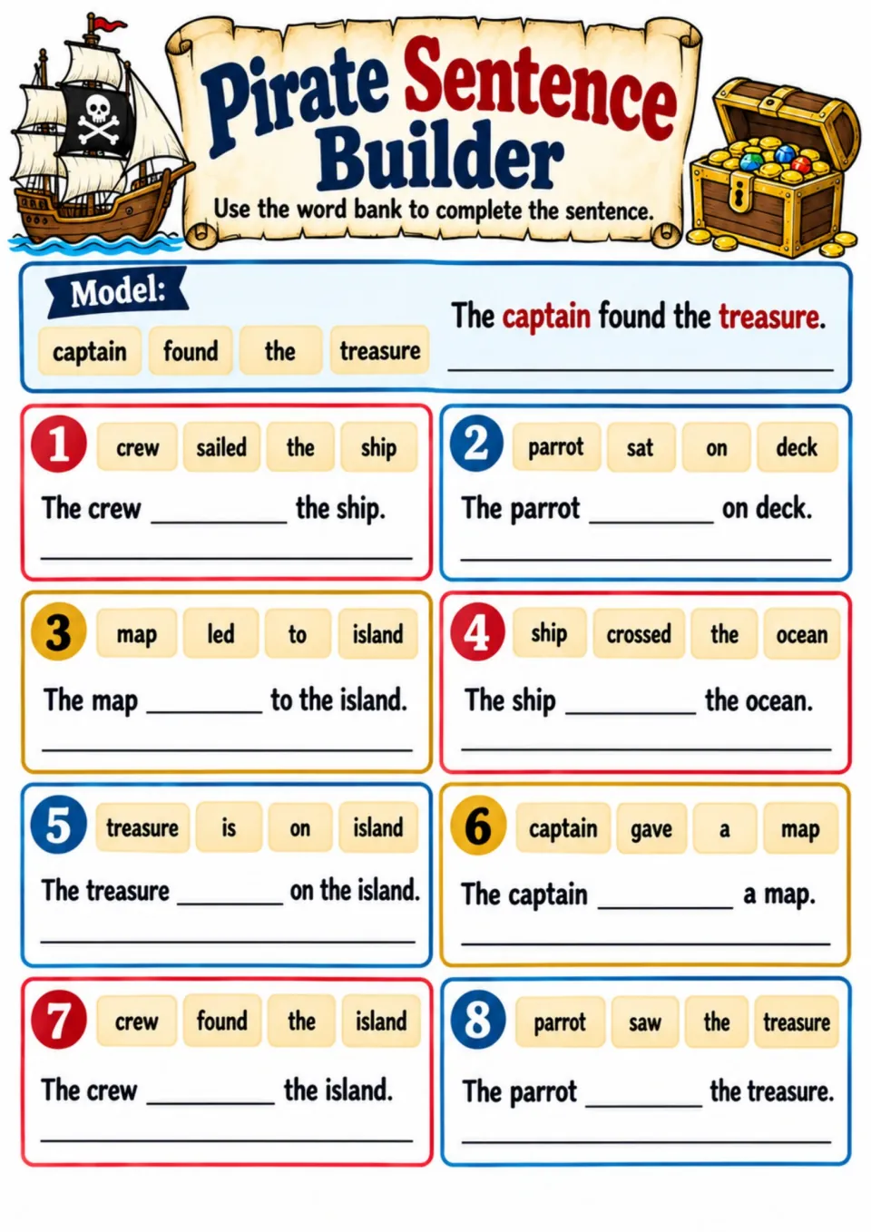 First pirate sentence builder: eight word-bank items filling missing verbs, including sailed, sat, and found