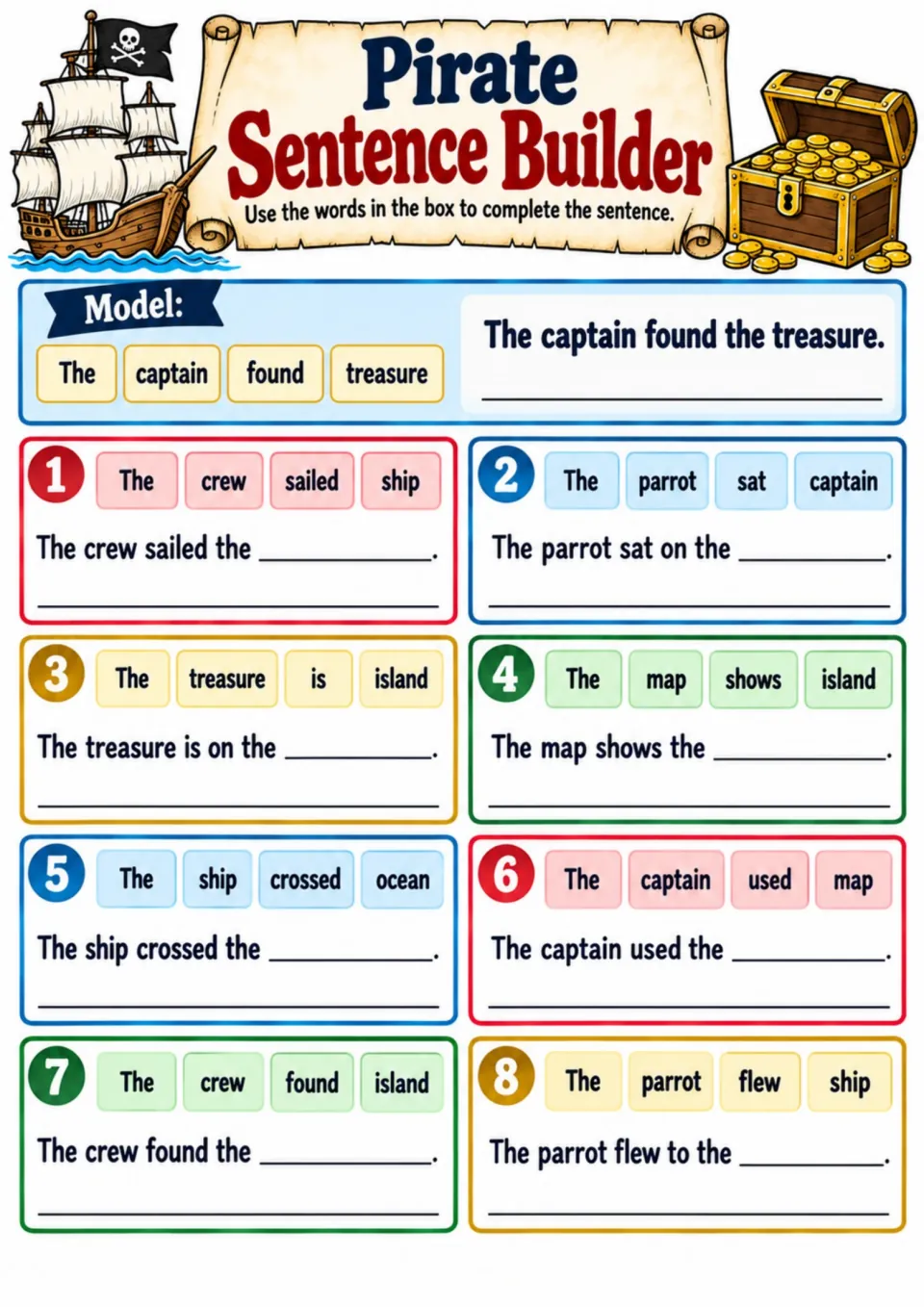 Second pirate sentence builder: eight word-bank items filling missing nouns, including ship, captain, and island
