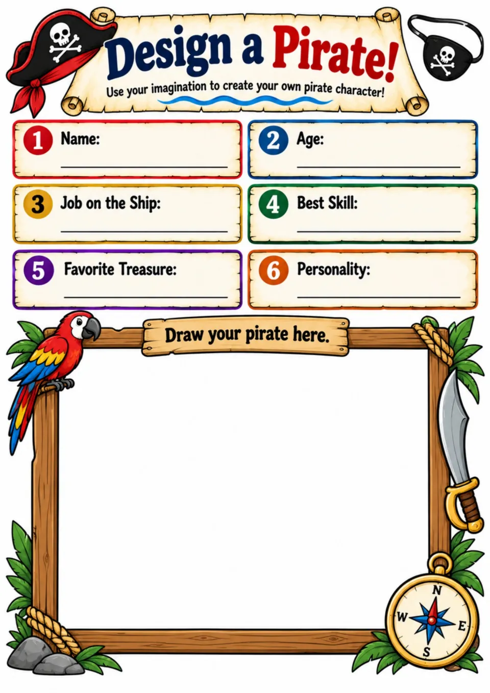 Pirate character design activity asking for name, age, ship job, best skill, favorite treasure, personality, and art