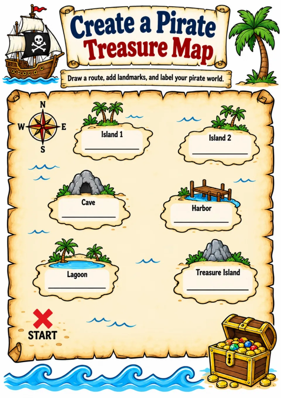 Treasure map design activity asking students to draw a route and label two islands, a cave, harbor, and two more