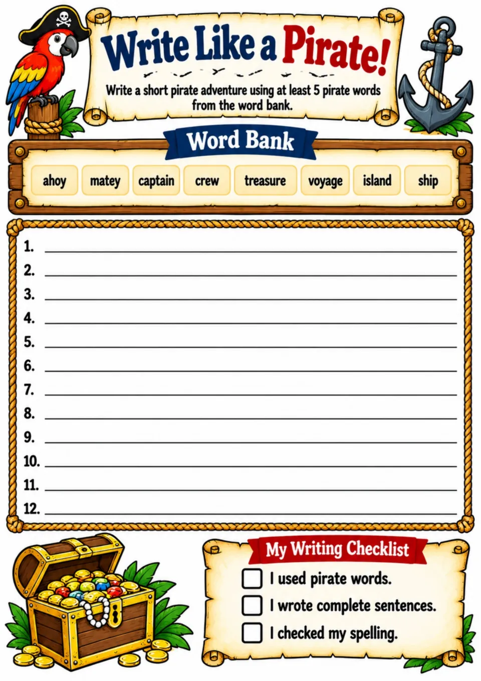 Pirate adventure writing activity requiring at least five words from an eight-word bank, with a writing checklist