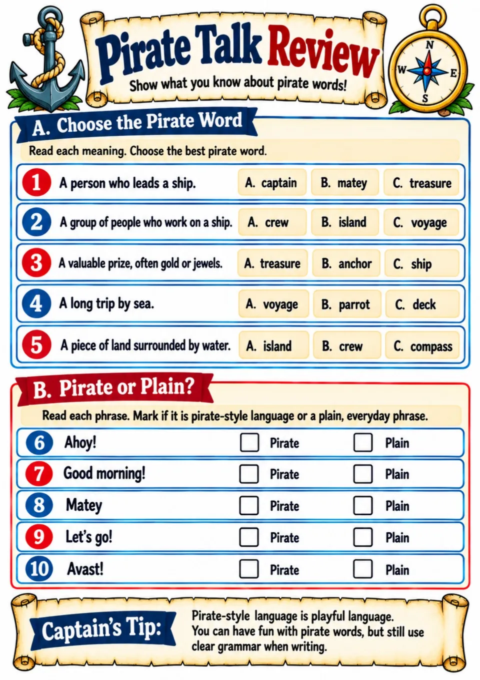 Pirate language review with five vocabulary questions and five phrases to classify as pirate or everyday language