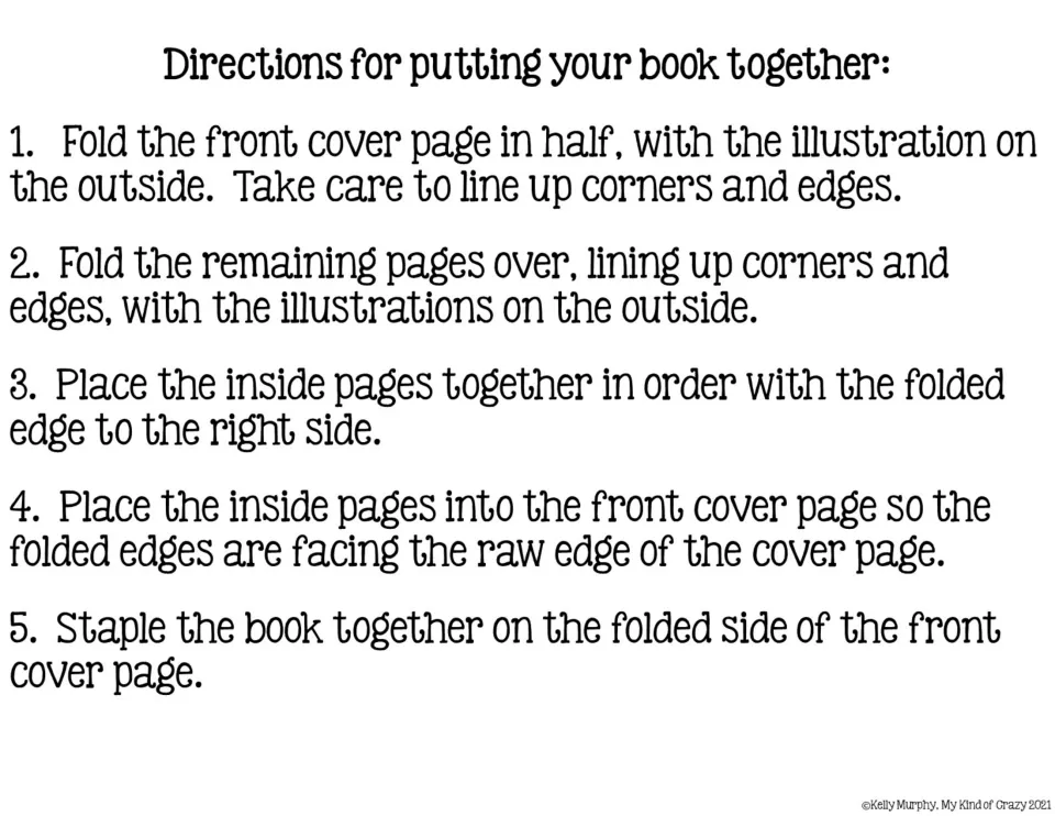 Adapted book assembly directions explain how to fold the cover and inside pages, arrange them, and staple.