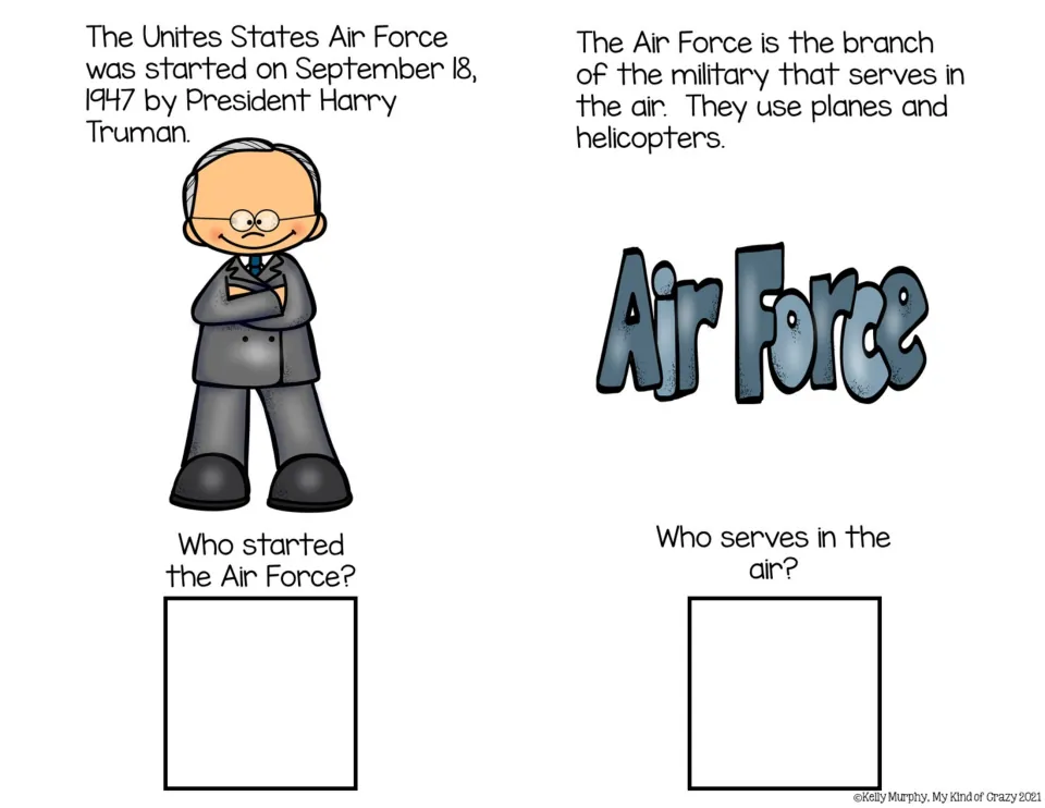Two color adapted book pages introduce Harry Truman and the Air Force's role, each with a matching question.