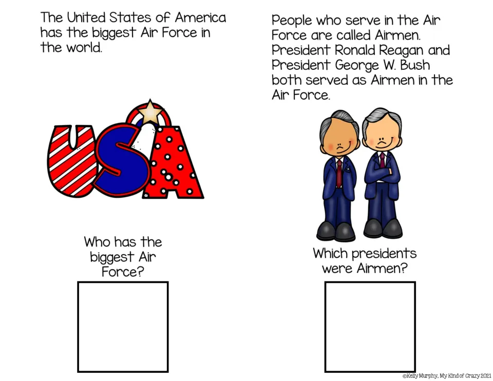 Two color adapted book pages ask who has the biggest Air Force and which presidents served as Airmen.