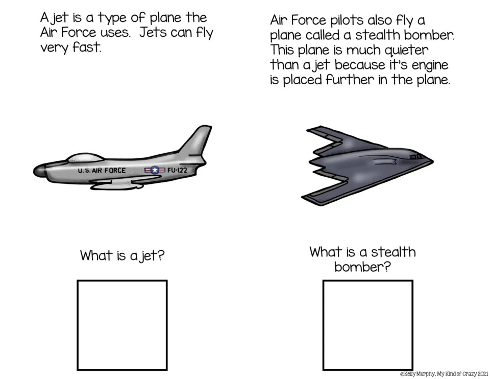Two color adapted book pages describe a jet and a stealth bomber, with aircraft pictures and questions.