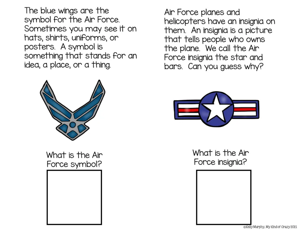 Two color adapted book pages explain the blue wings symbol and star and bars insignia, with questions.