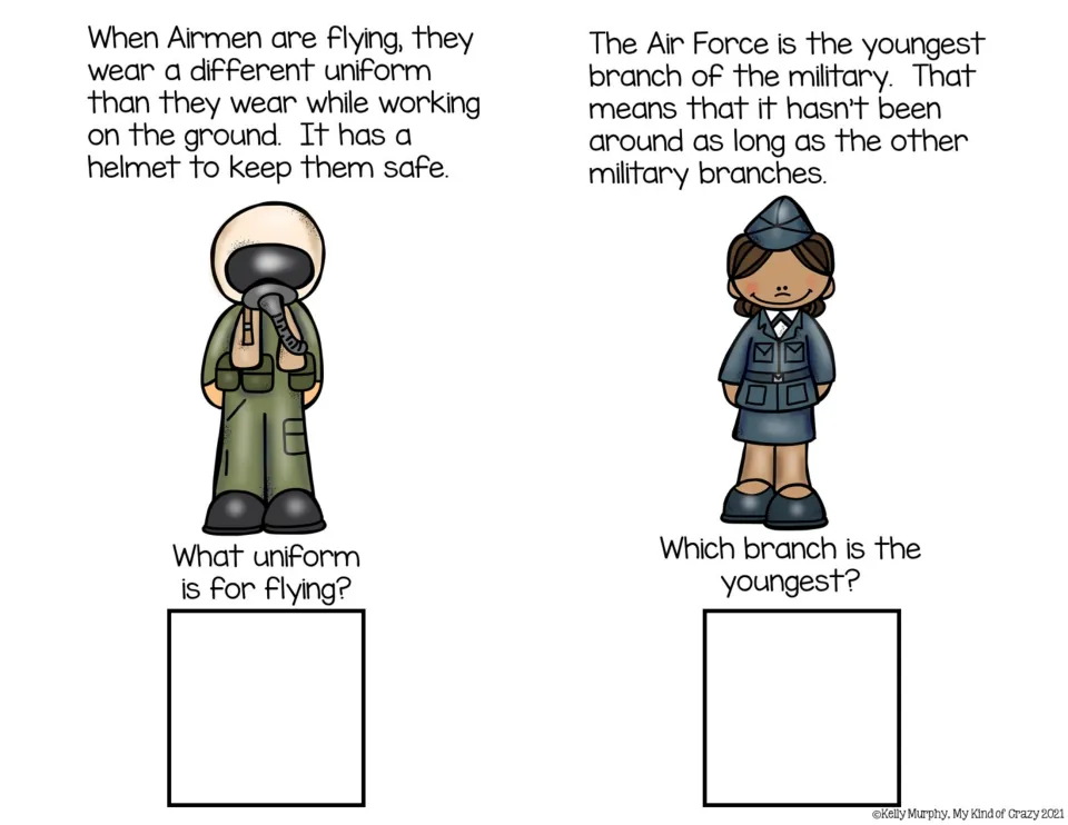 Two color adapted book pages describe flying uniforms and ask which military branch is the youngest.