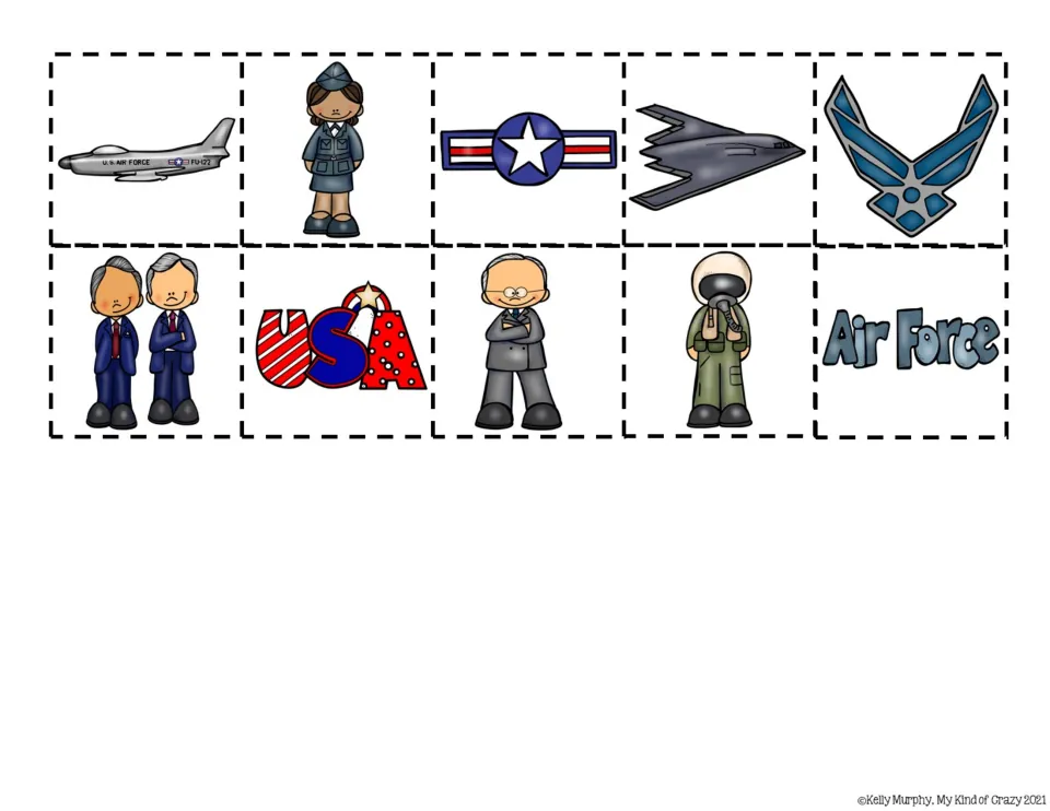 Ten color cut-and-paste response pictures for the adapted book include a jet, an Airman, and insignia.