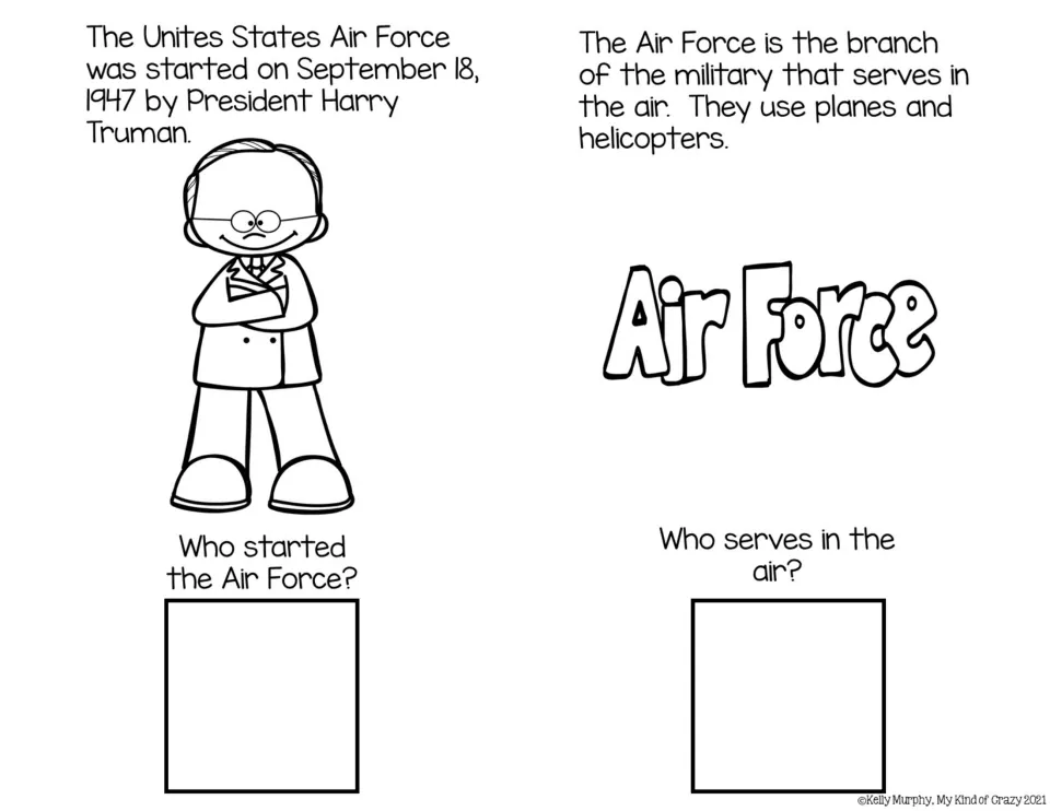 Two black-and-white adapted book pages introduce Harry Truman and the Air Force's role, with questions.