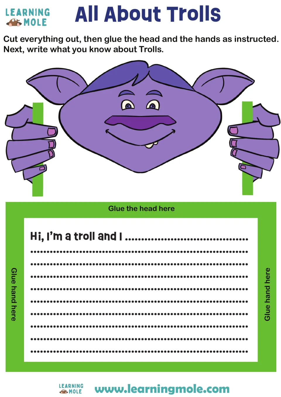 Troll craft and writing: students cut out a purple troll head and hands, glue them on, then finish "Hi, I'm a troll and I"
