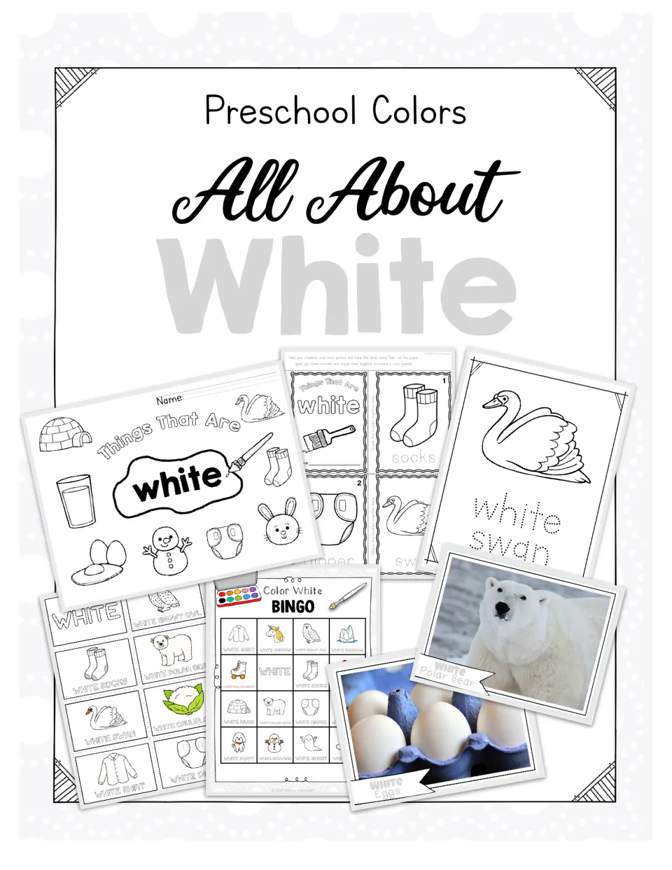 Preschool Colors cover: All About White kit with a coloring page, mini booklet, tracing pages, bingo and white photo cards