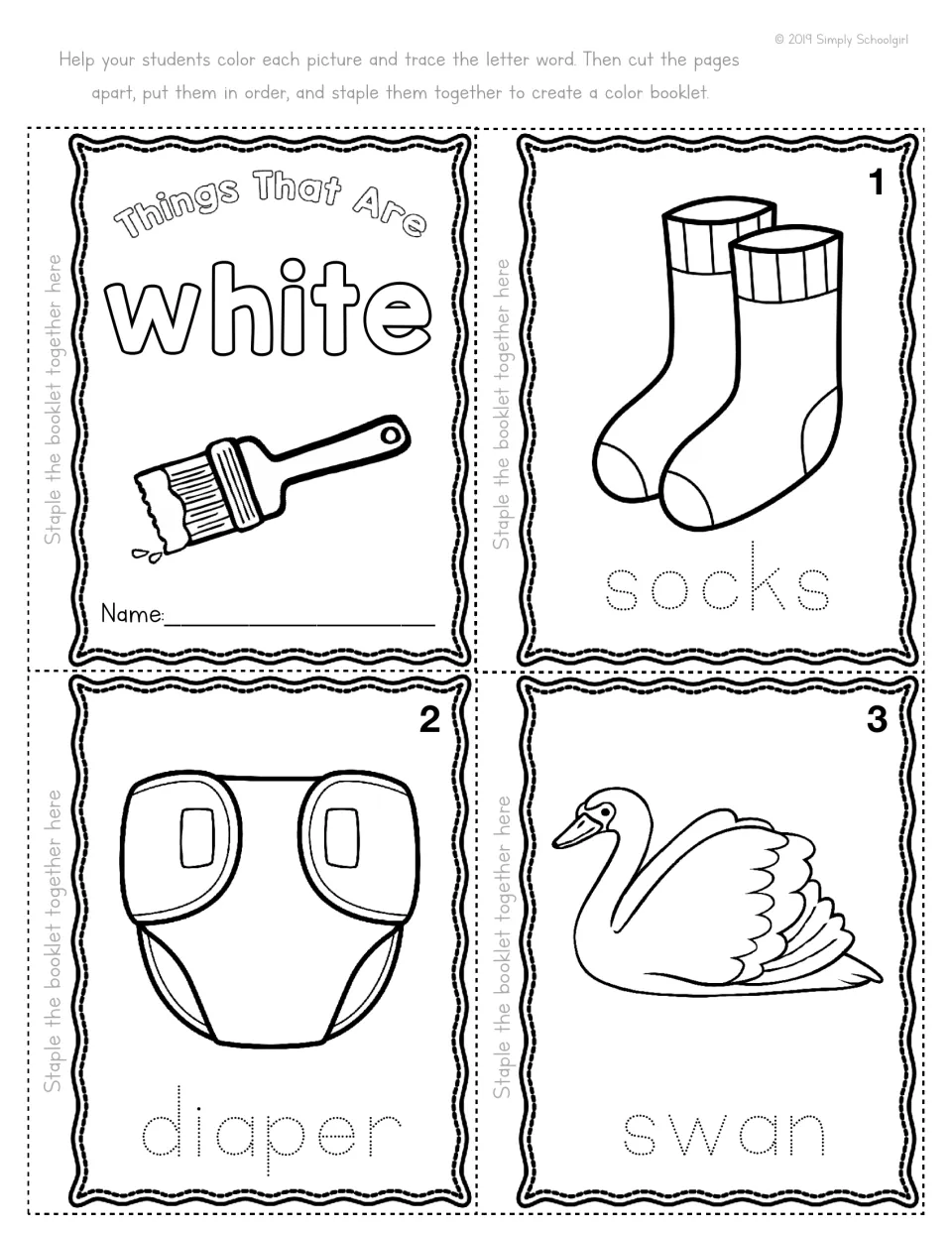 Color booklet cut-out pieces: Things That Are white cover and pages 1-3 to color and trace socks, diaper, swan