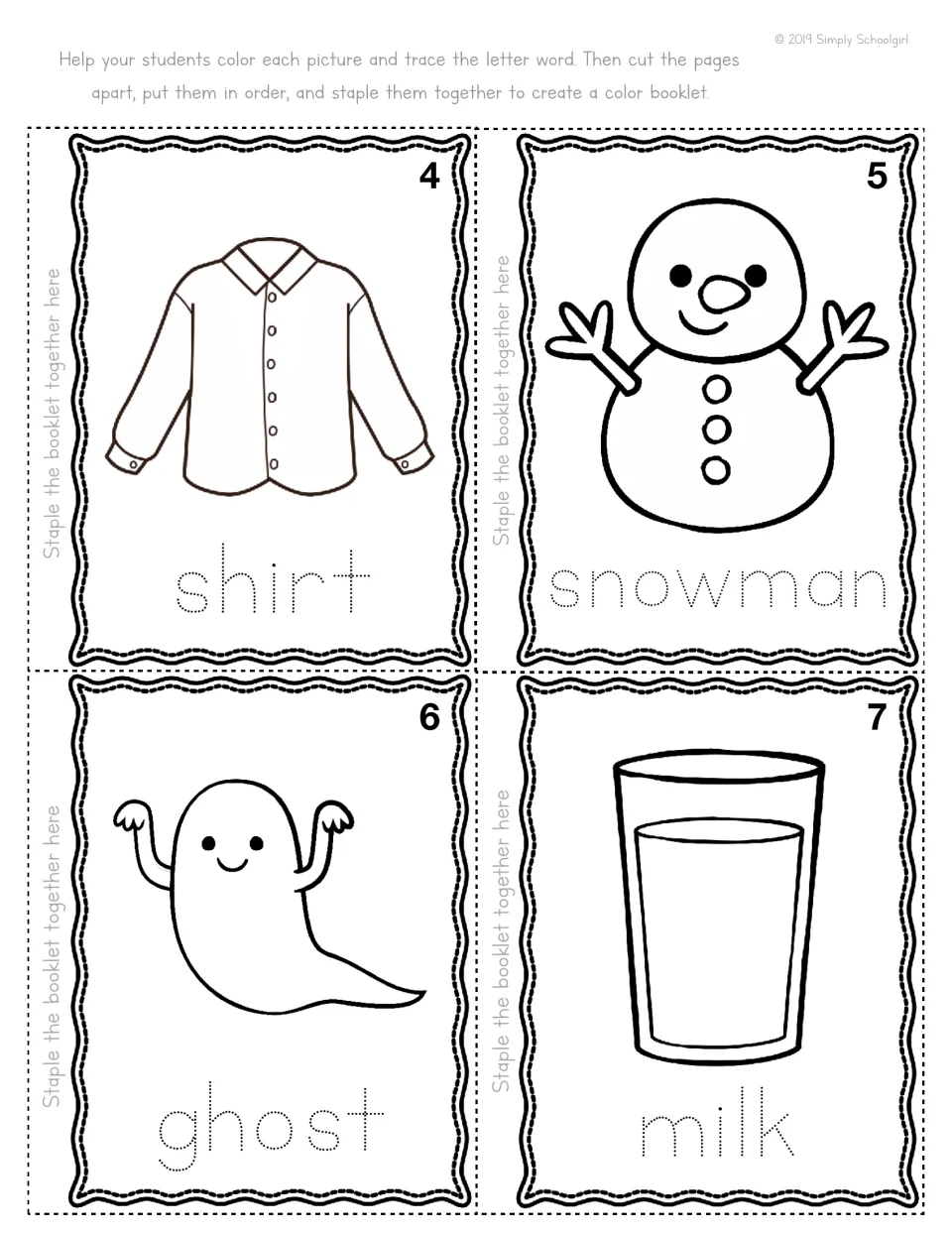 Color booklet cut-out pieces 4-7: students color a shirt, snowman, ghost and glass of milk and trace each dotted word