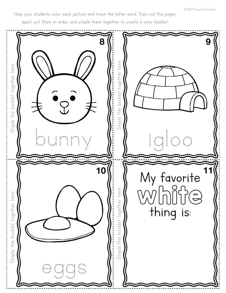 Color booklet cut-out pieces 8-11: students trace bunny, igloo and eggs, then finish My favorite white thing is: