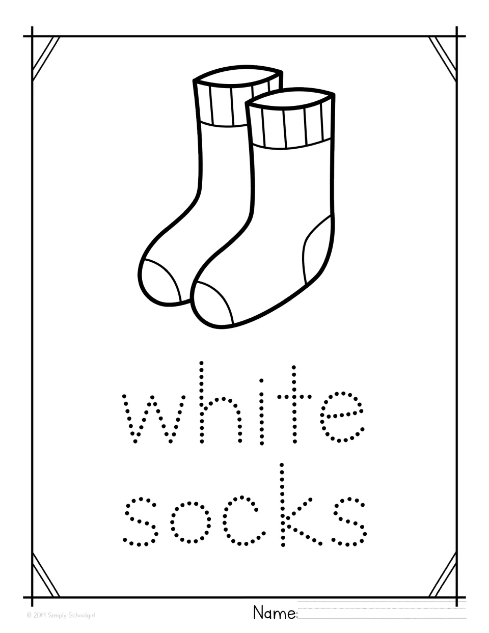 White socks tracing page: students color a pair of socks and trace the dotted words white socks, writing their name below