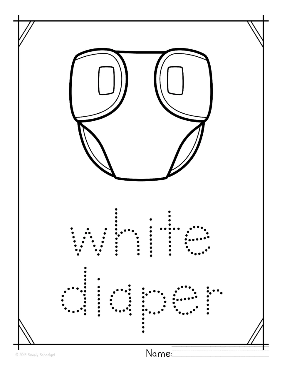 White diaper tracing page: students color a diaper drawing and trace the dotted letters in the phrase white diaper
