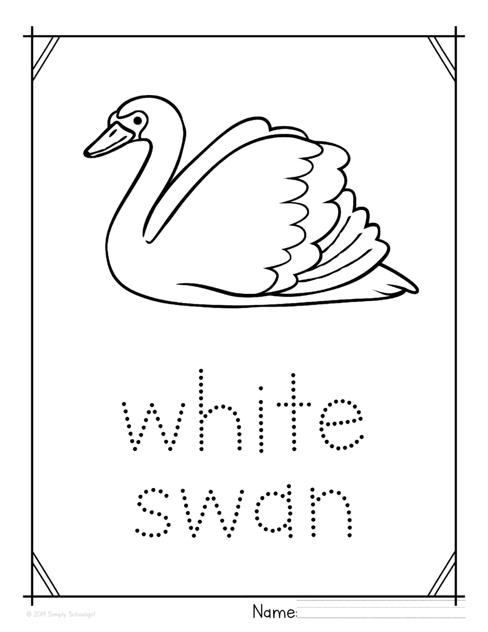 White swan tracing page: students color a swimming swan and trace the dotted letters spelling white swan, then add a name