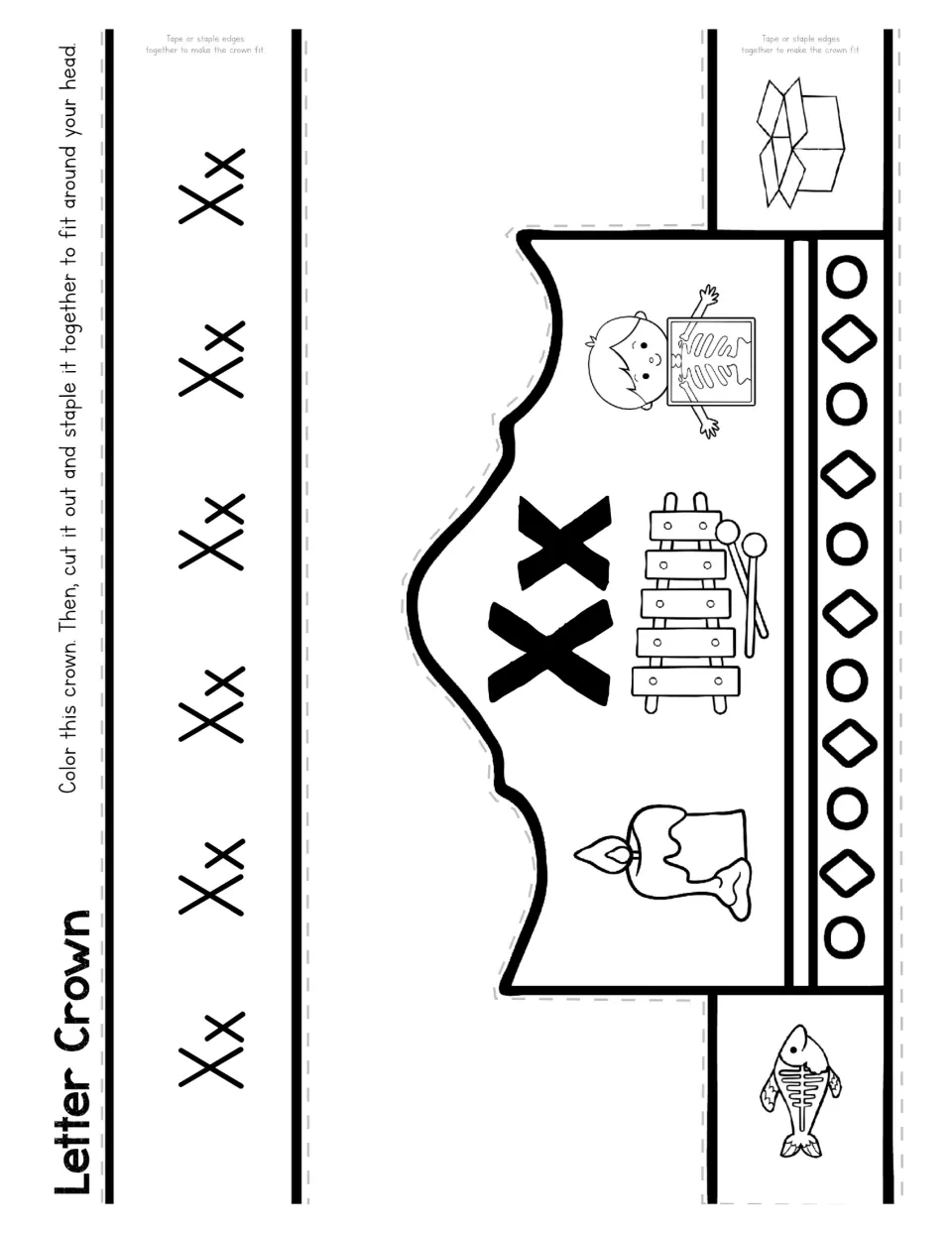 Letter X crown craft to color and cut out, featuring Xx, wax, a xylophone, an X-ray, a box, and a fish