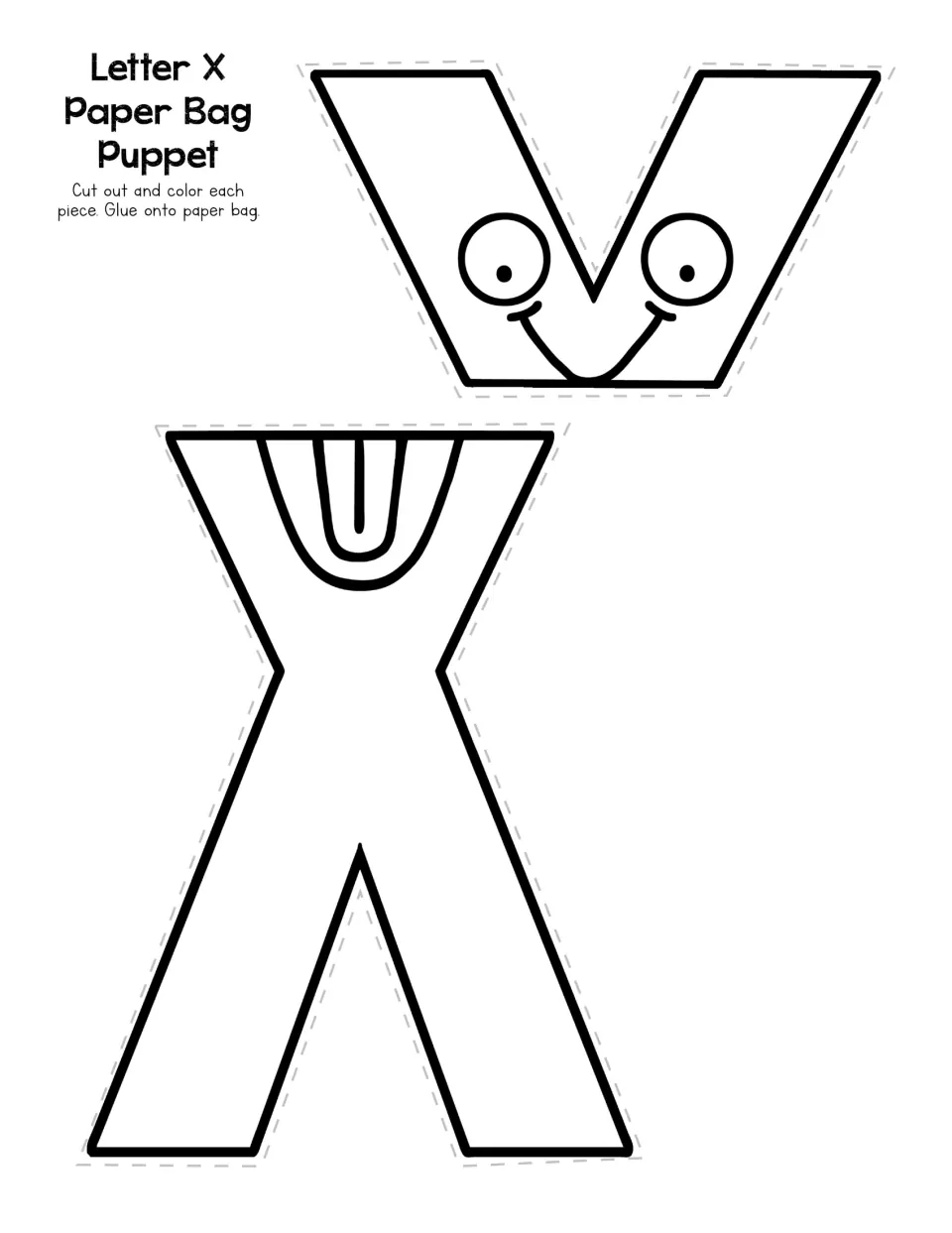 Letter X paper bag puppet template with two face and body pieces to cut out, color, and glue onto a bag