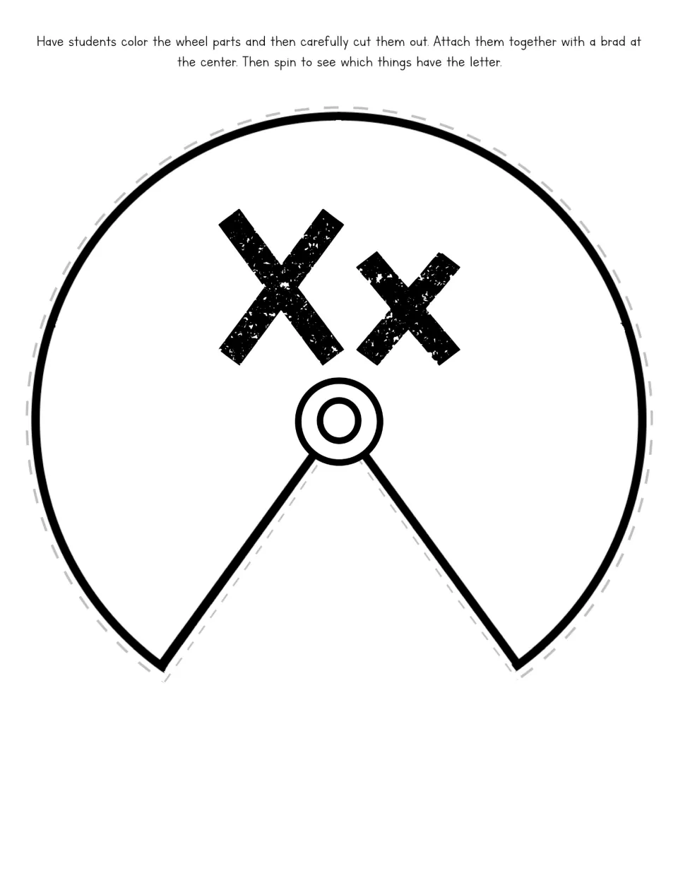 Letter X spinner cover labeled Xx, to color, cut out, and attach to the picture wheel with a center brad