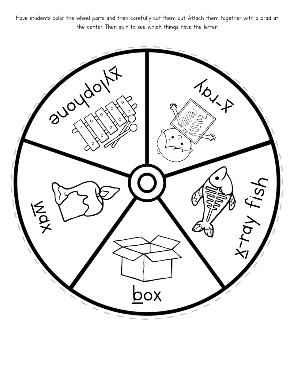 Letter X spinner picture wheel showing five labeled words: xylophone, X-ray, X-ray fish, box, and wax