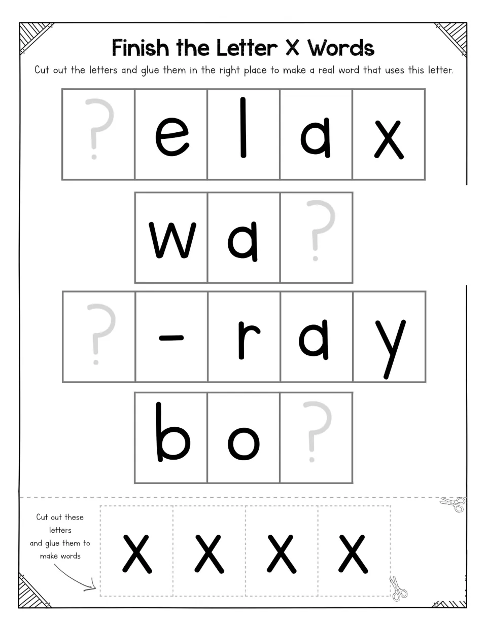 Letter X word completion activity showing ?elax, wa?, ?-ray, and bo?, with four x letters to cut and glue