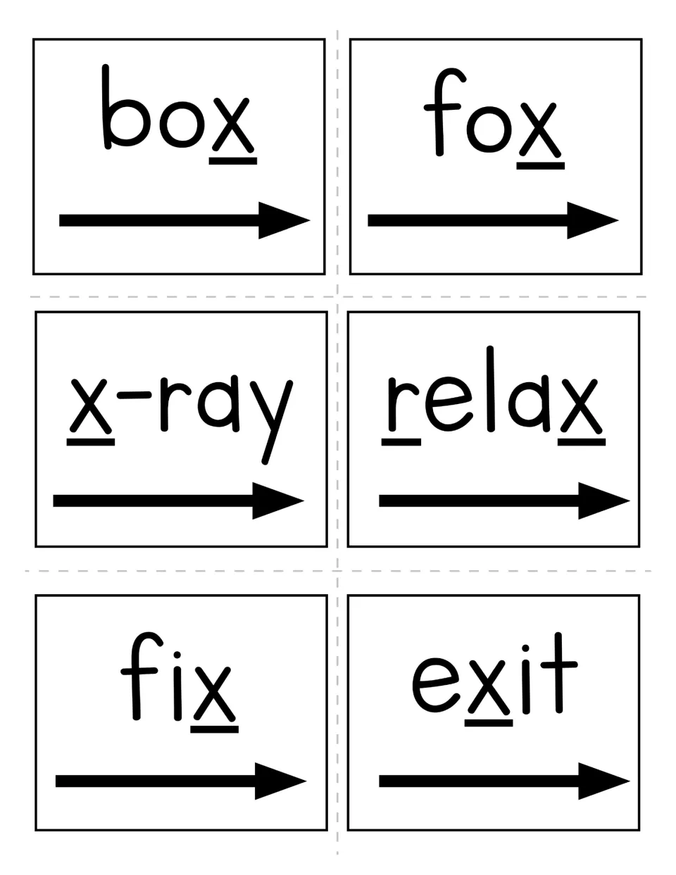 Six letter X word cards for the unit: box, fox, x-ray, relax, fix, and exit, each with a reading arrow