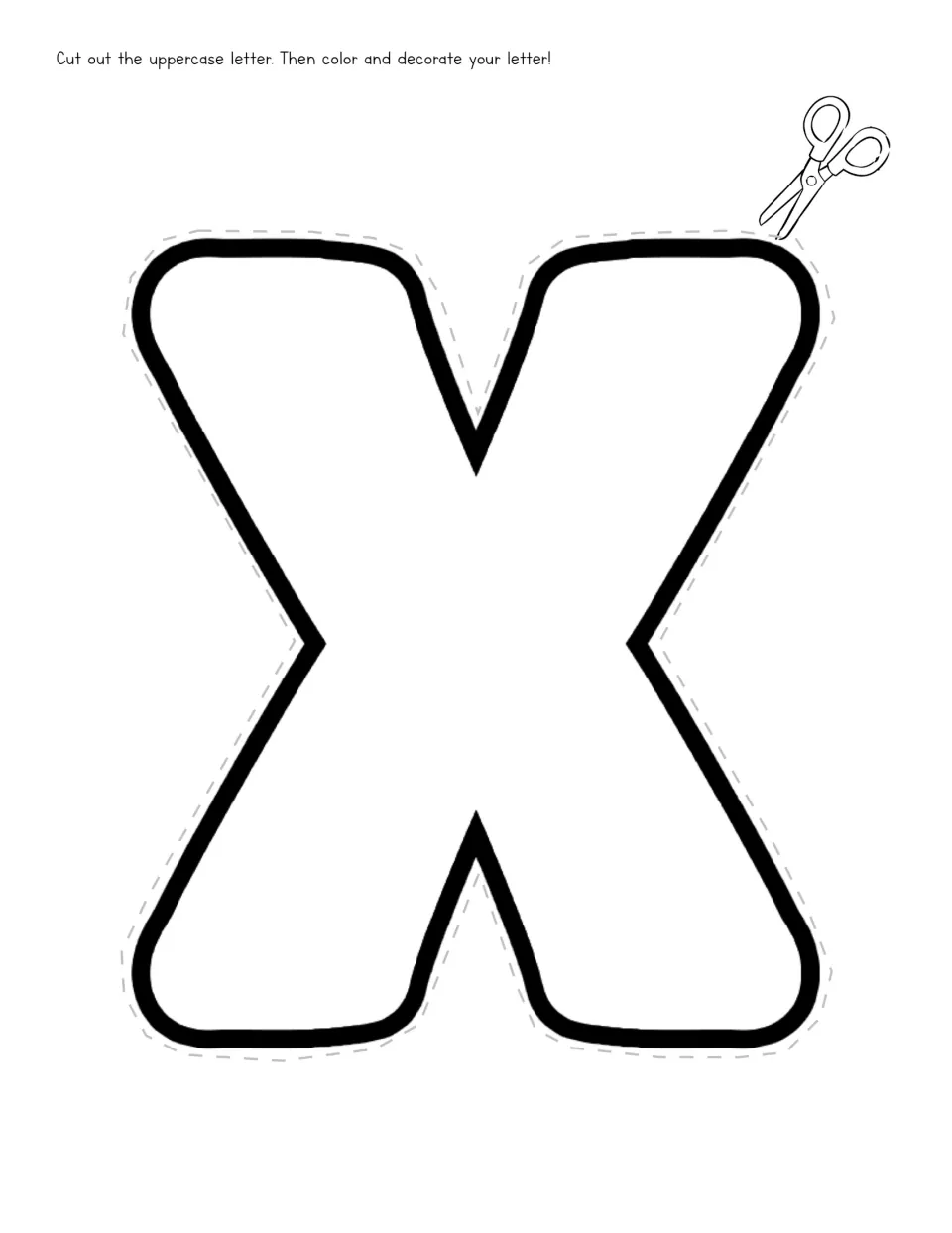 Uppercase X cutout template for the letter unit, with instructions to cut out, color, and decorate the letter