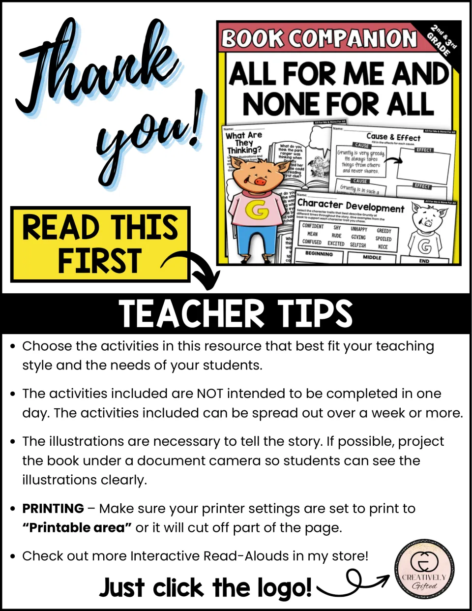 Teacher tips for the book companion cover activity selection, pacing, showing illustrations, and printing.