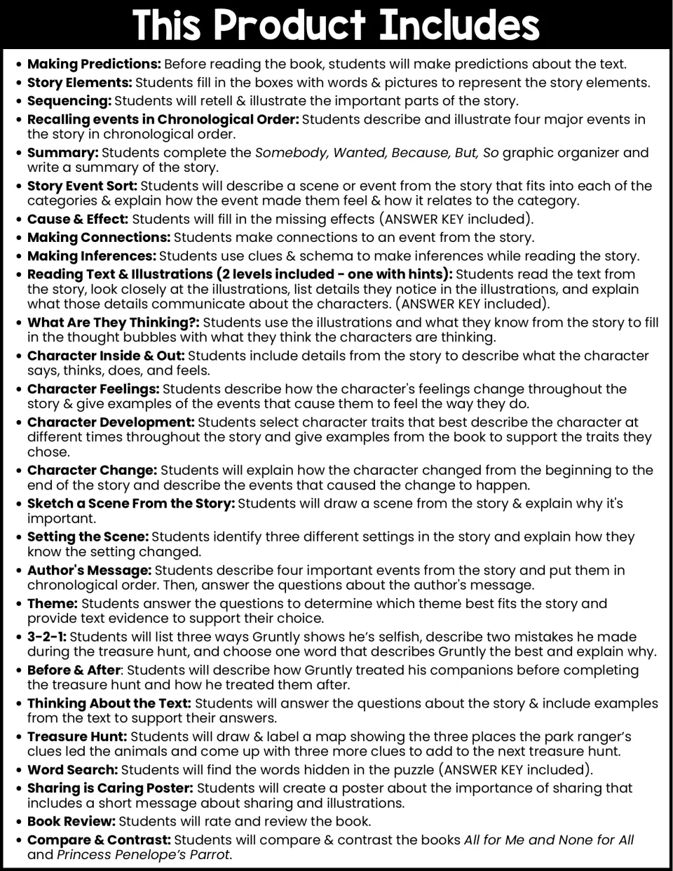 Book companion overview lists 27 activities, including predictions, story elements, sequencing, and summary.