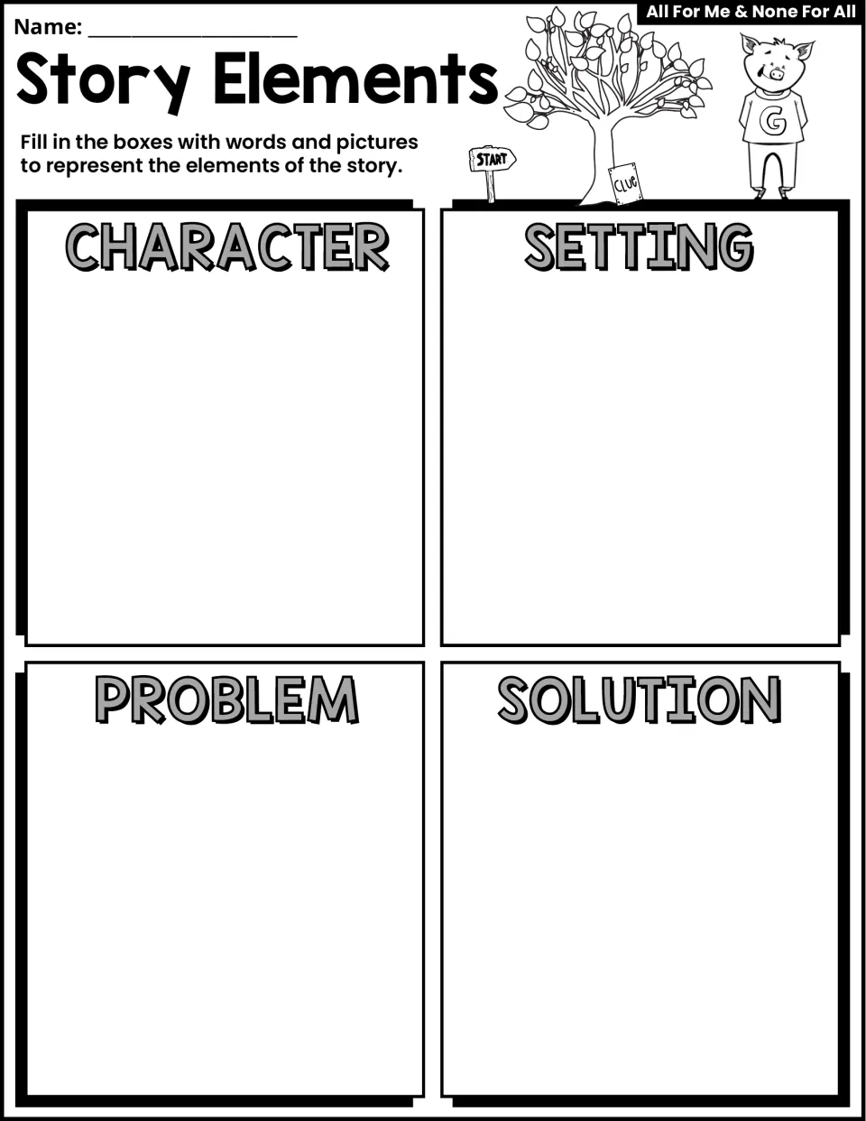 Story Elements activity asks students to use words and pictures to identify character, setting, problem, and solution.