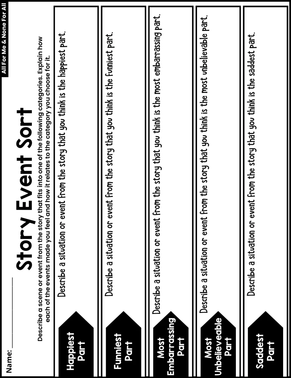 Story Event Sort asks students to explain the happiest, funniest, most embarrassing, unbelievable, and saddest parts.