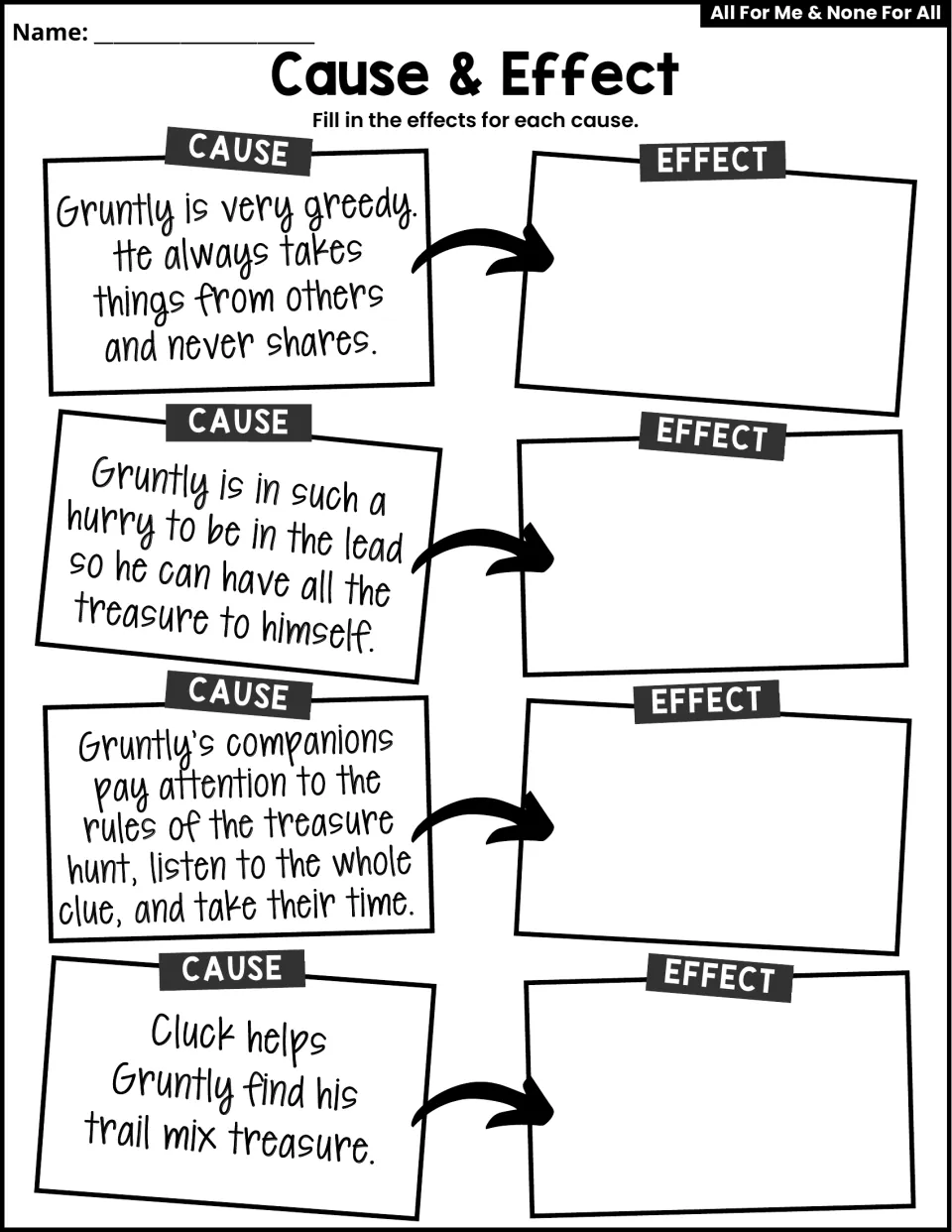 Cause & Effect activity gives four causes about Gruntly and the treasure hunt for students to supply effects.