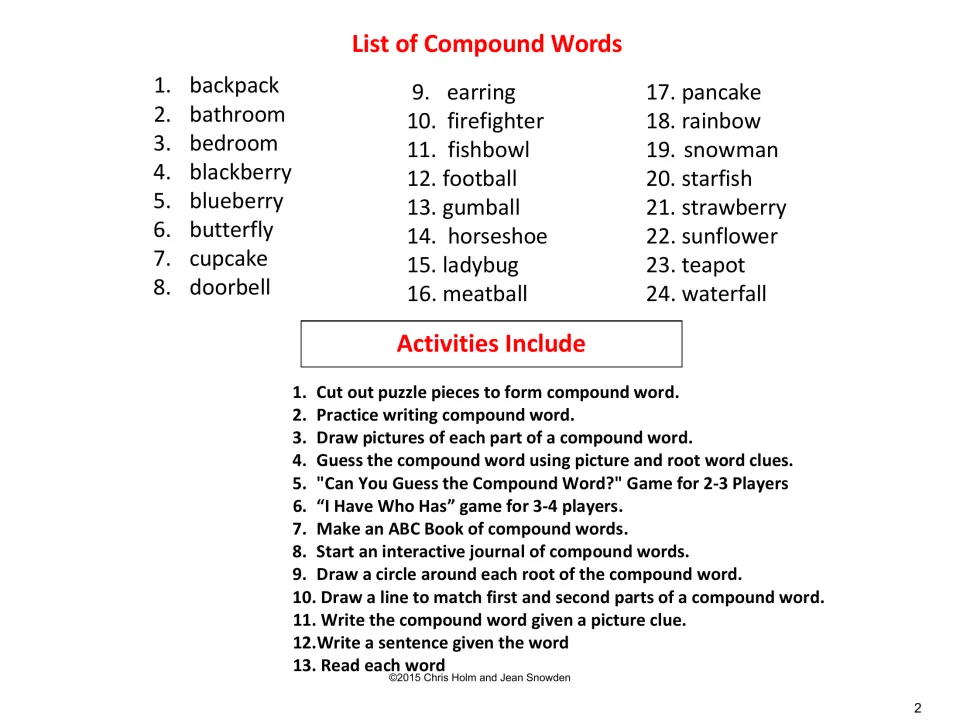 Compound word list of 24 words from backpack to waterfall, plus 13 activities such as puzzles, ABC book and I Have Who Has