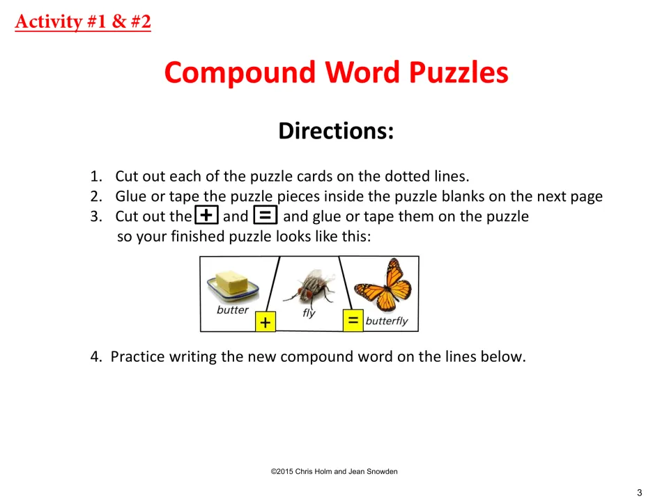 Compound word puzzle directions: students cut out cards, glue butter + fly = butterfly, then practise writing the new word