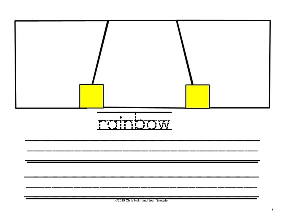 Rainbow puzzle mat: students glue the rain, bow and rainbow pieces, trace the word rainbow and copy it in handwriting