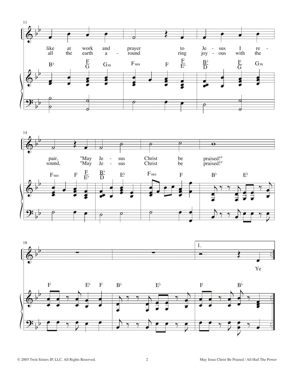 Hymn medley continuation: “May Jesus Christ be praised!” refrain, piano accompaniment, and first ending.