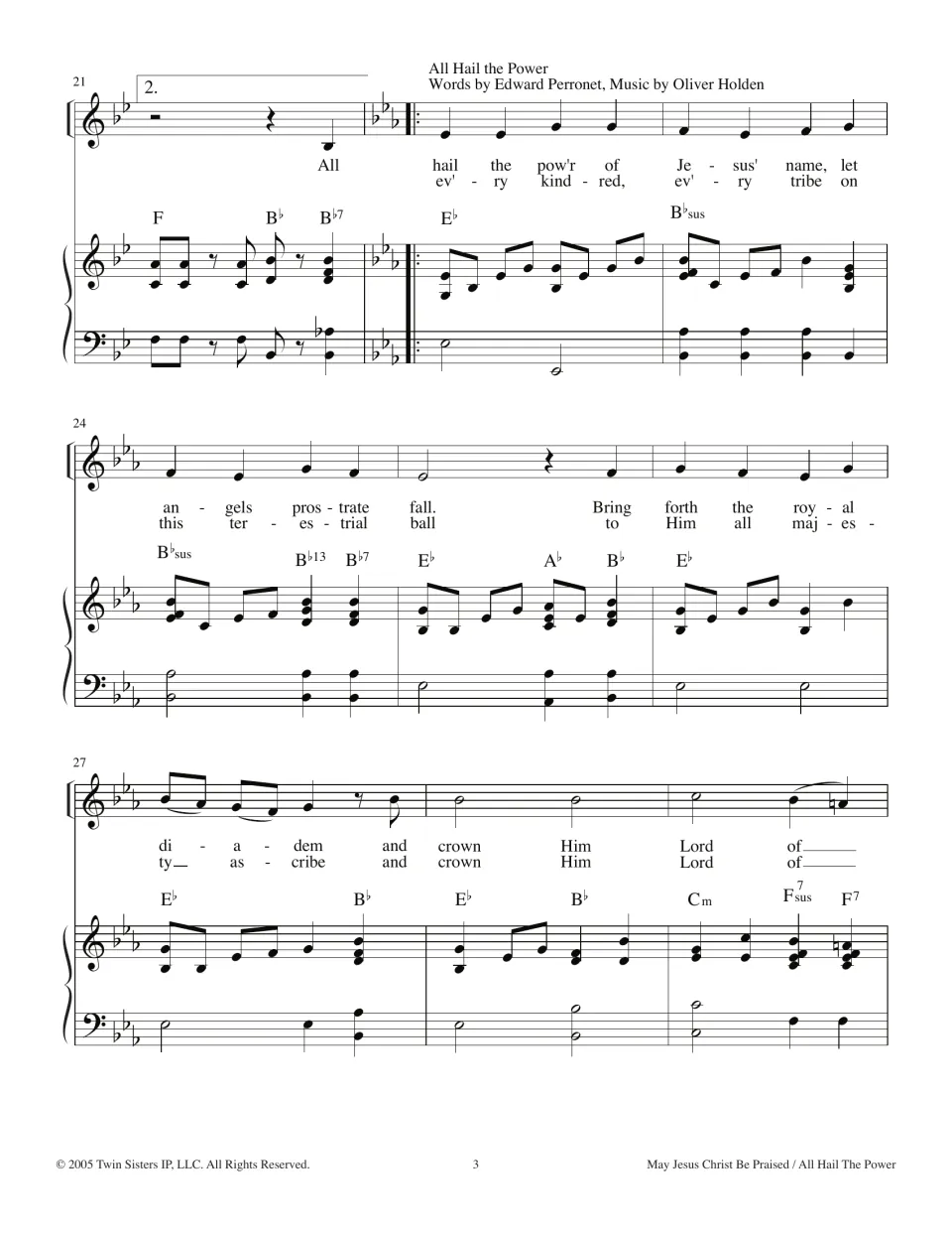 Hymn medley transition to “All Hail the Power,” with “All hail the pow’r of Jesus’ name” and piano part.