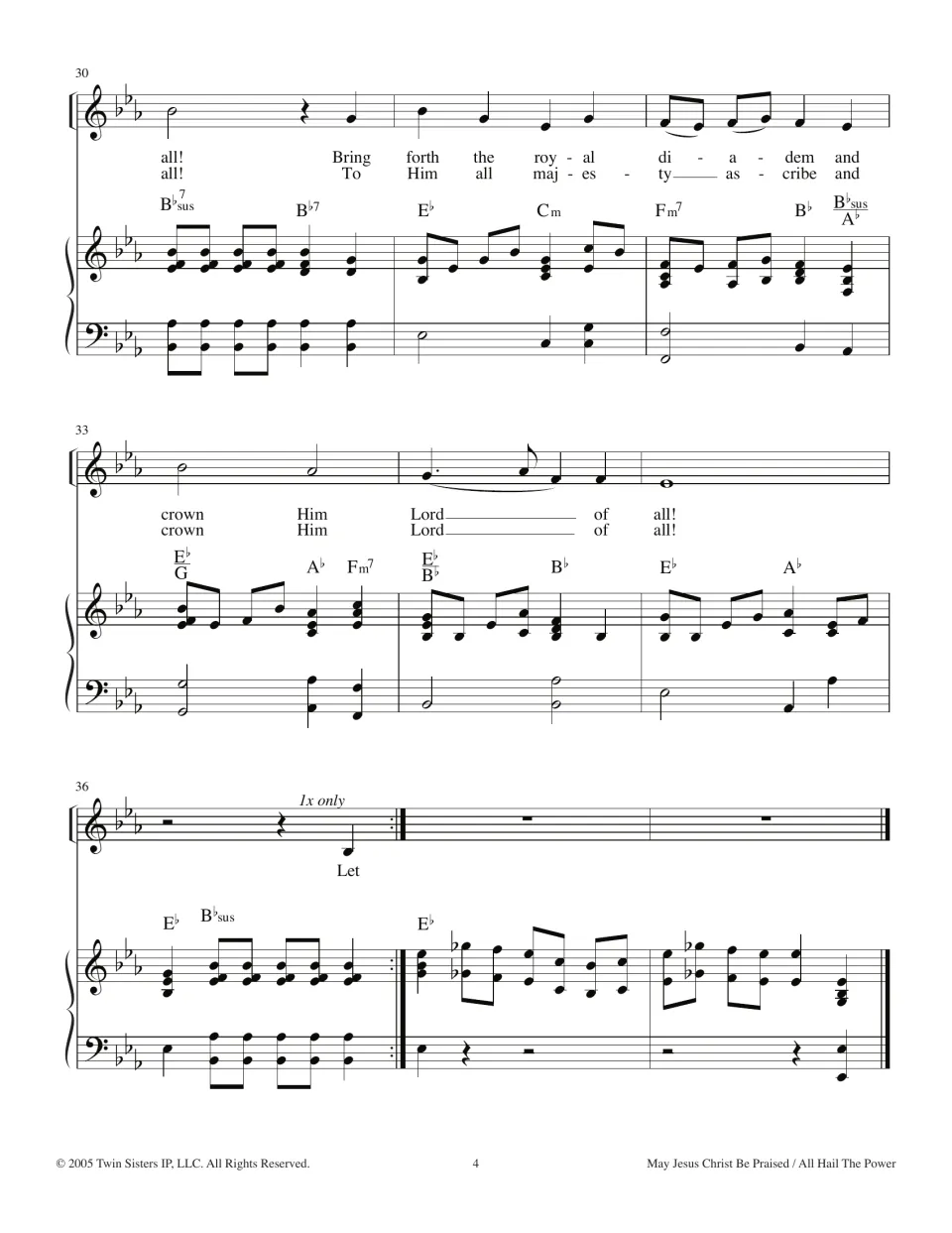 Final hymn medley page: “crown Him Lord of all!” lyrics, a repeat marked “1x only,” and piano ending.