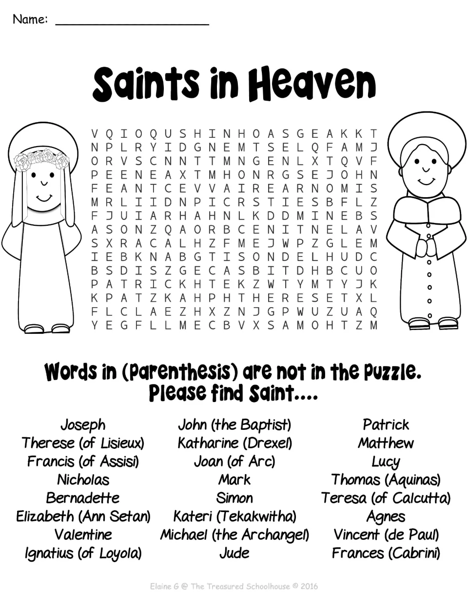 Saints in Heaven word search: students find saint names such as Joseph, Patrick and Lucy in a letter puzzle