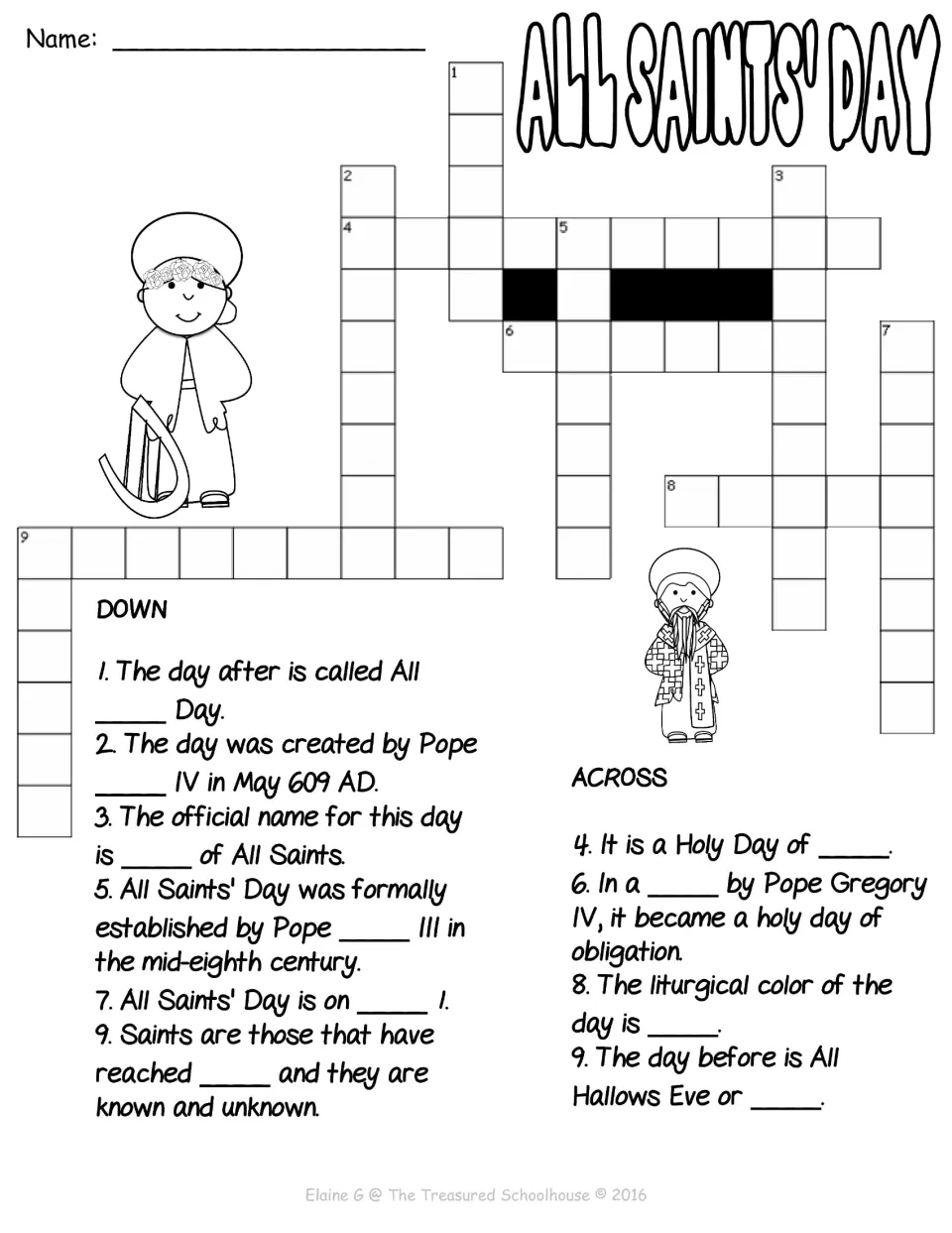 Crossword on All Saints' Day facts: students use across and down clues about popes, dates and the feast's name