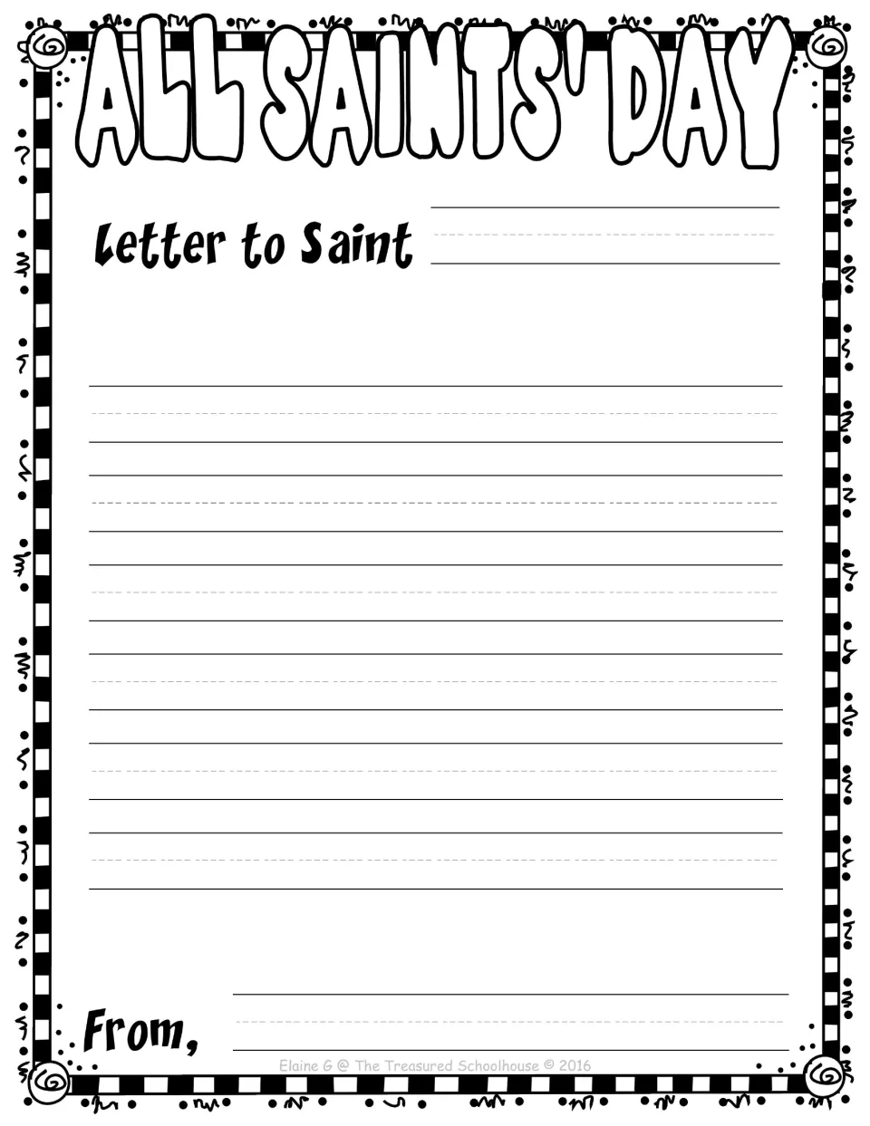 Letter to Saint writing page: students write a letter on lined paper and sign it From at the bottom