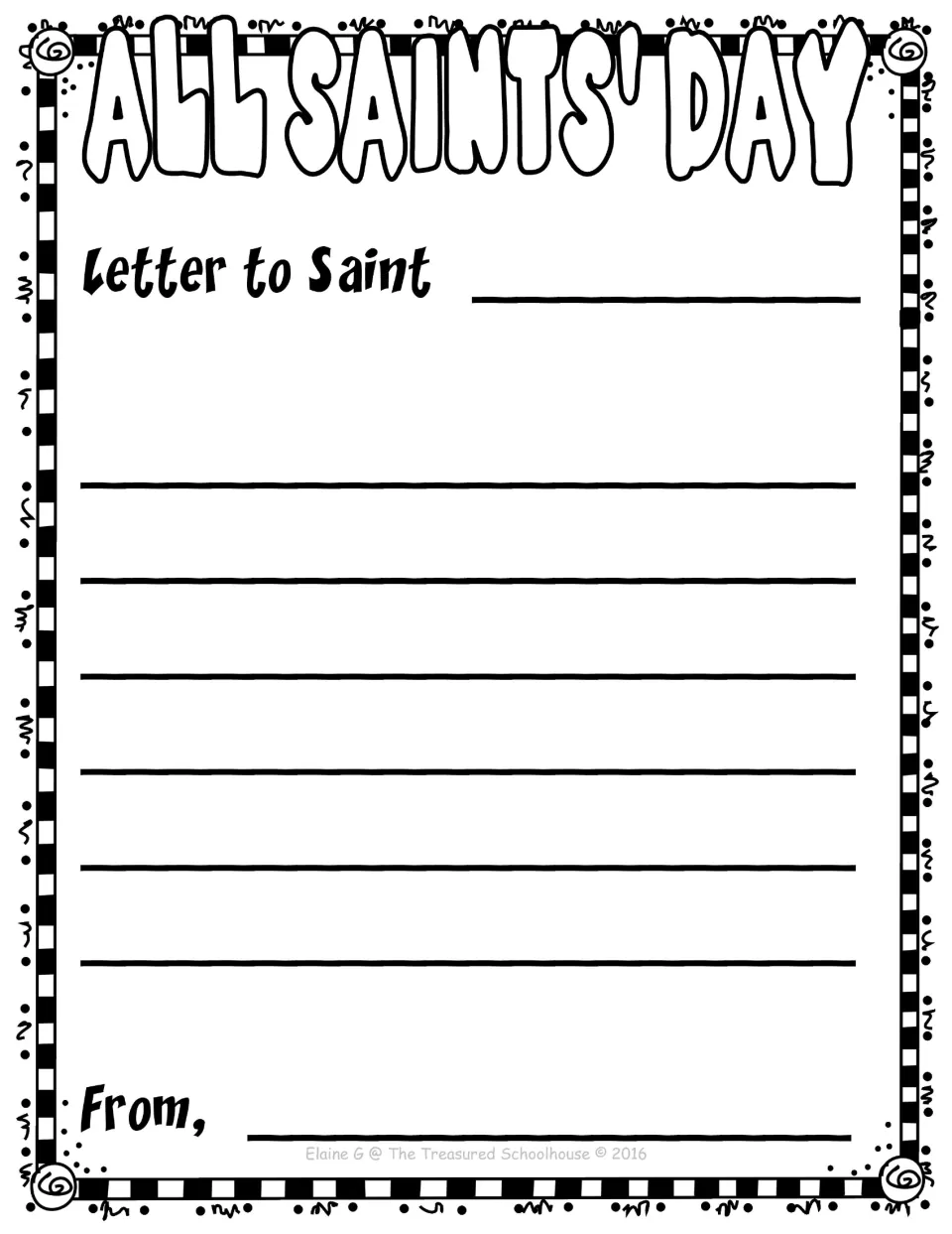 Letter to Saint writing page with wider solid lines where students write a letter and sign it From