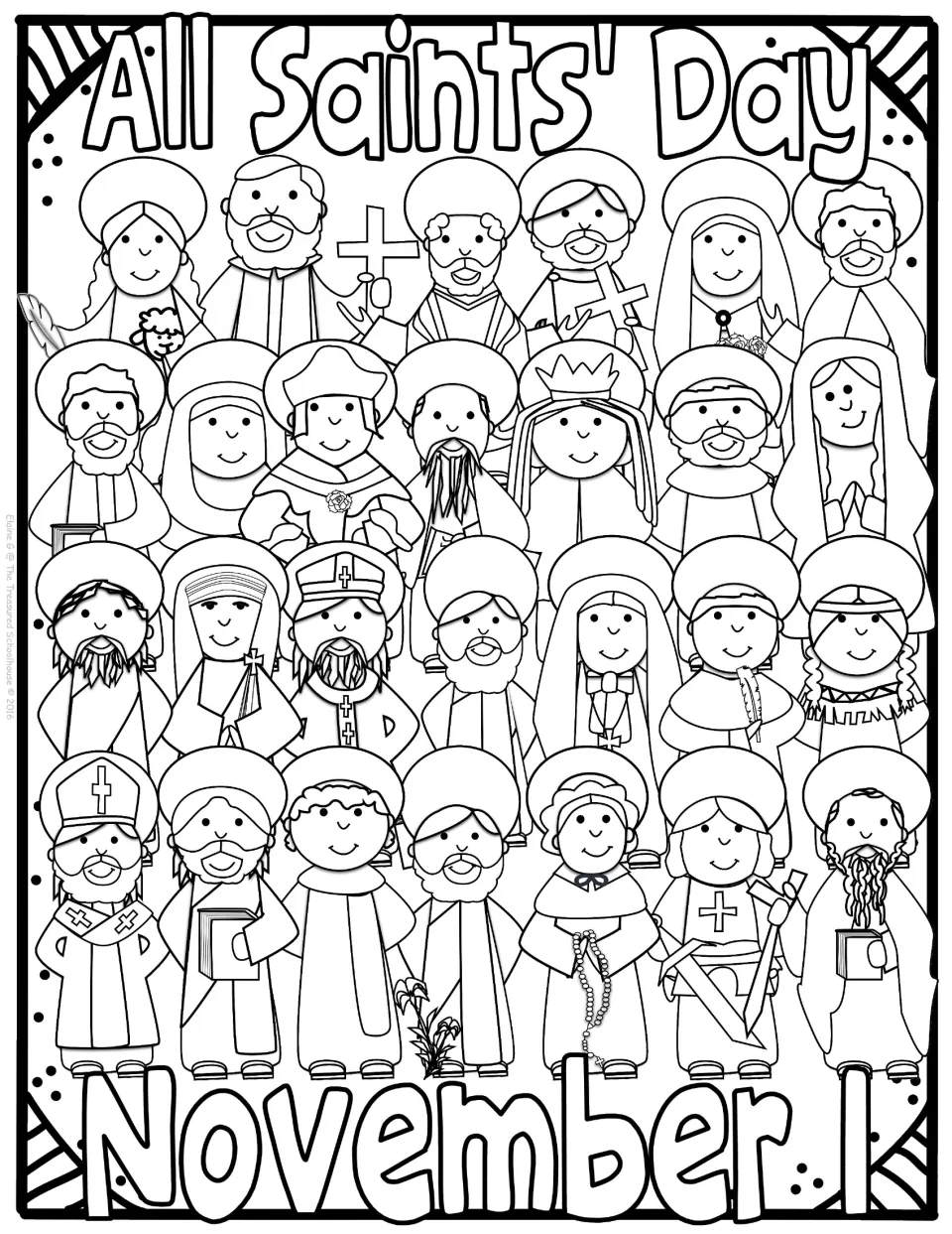 Coloring page of many smiling haloed saints with the date November 1 written at the bottom