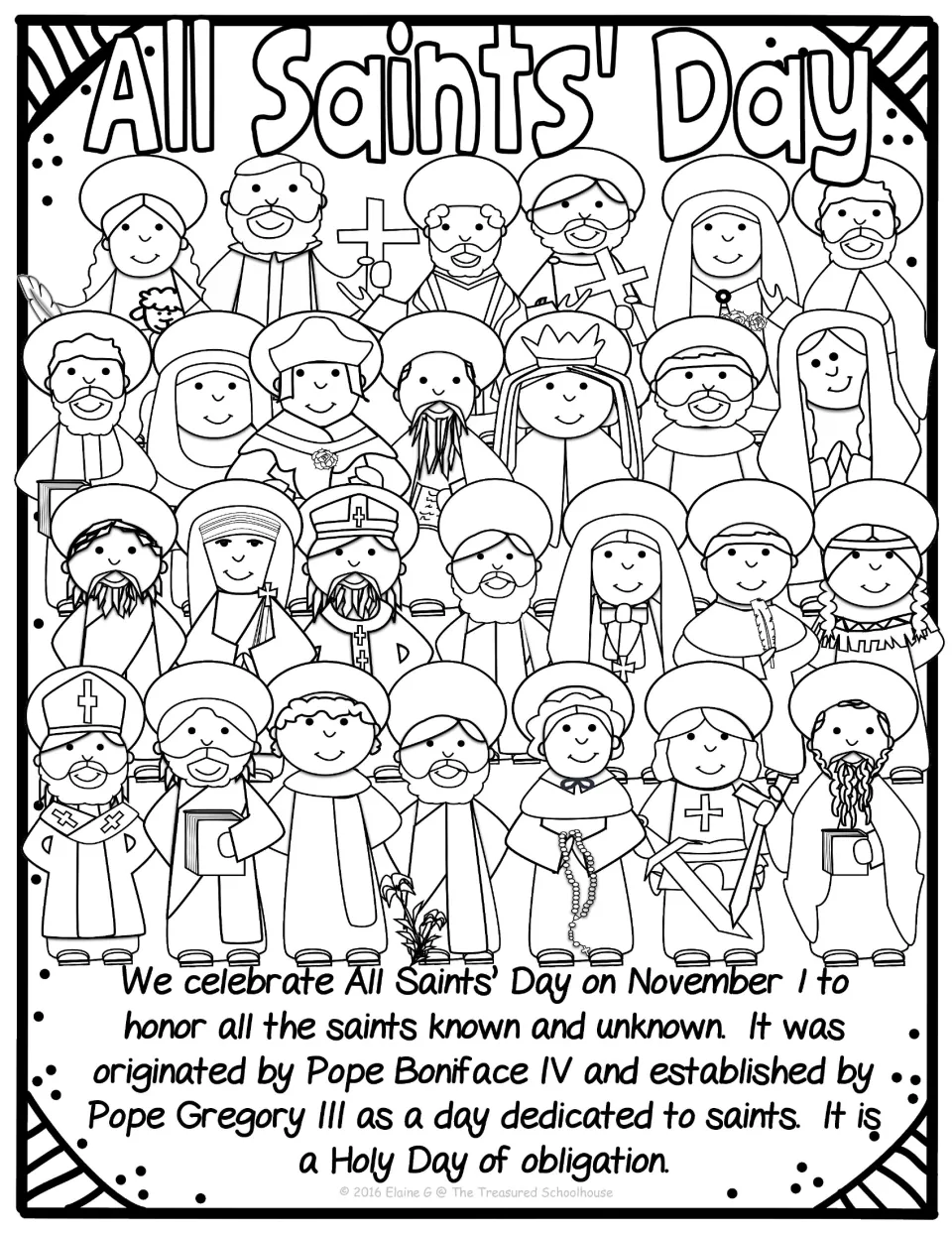 Coloring page of haloed saints with a paragraph on why November 1 honors saints and the popes who set the day
