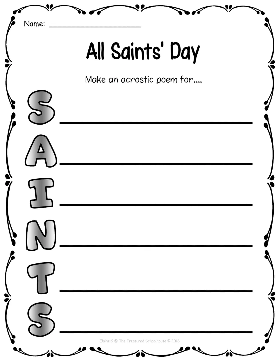 Acrostic poem page: students write a line of poetry beginning with each letter of the word SAINTS