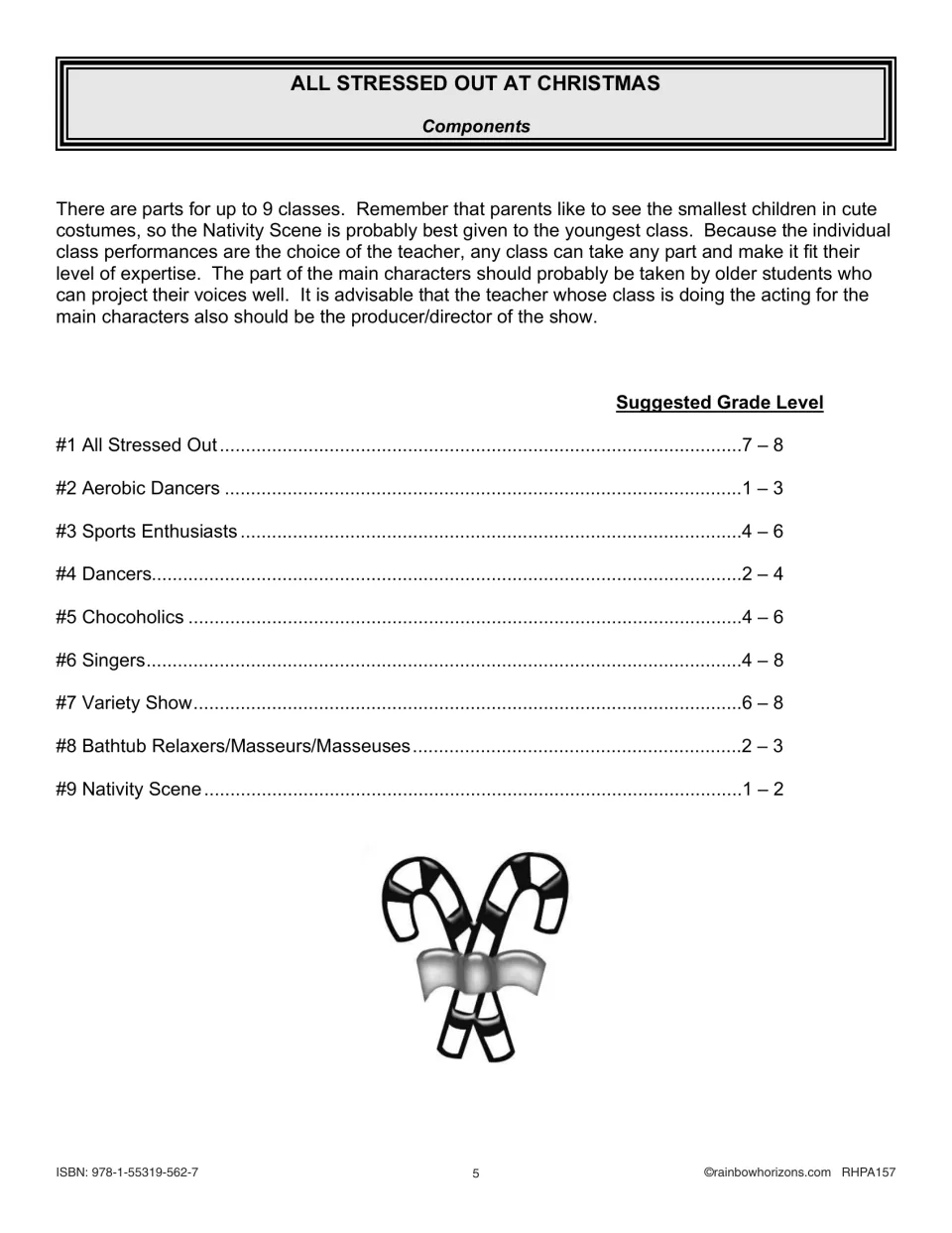 Components list for up to 9 classes with suggested grades, from All Stressed Out (7–8) to Nativity Scene (1–2)